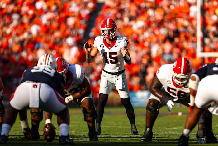 Carson Beck prepares for the snap vs Auburn / Photo - Tony Walsh/UGAA